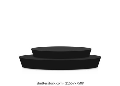 Black podium mockup in circle shape. Empty black stage and pedestal mockup on white background. Round podium, stand and platform for award ceremony and product presentation. Vector