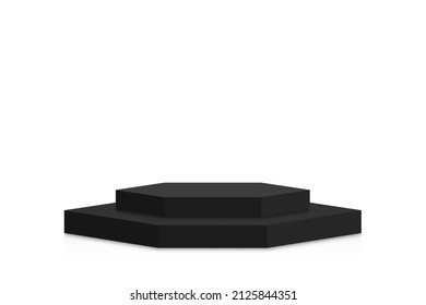 Parodia del podio negro en forma de hexágono. Escenario negro vacío y burla peatonal sobre fondo blanco. Podio Hexagon, stand y plataforma para la ceremonia de entrega de premios y presentación de productos. Vector