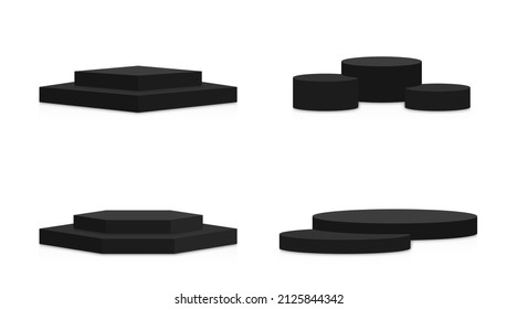 Schwarzes Podium ist in runden und quadratischen Formen aufgetaucht. Kollektion von Podest-, Bühne- und Plattformmockups auf weißem Hintergrund. 3D-Schwarzpodium und Plattform für die Preisverleihung und Produktpräsentation. Vektorgrafik