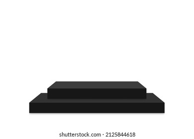 Black podium mockup in square shape. Empty black stage and pedestal mockup on white background. Square podium, stand and platform for award ceremony and product presentation. Vector