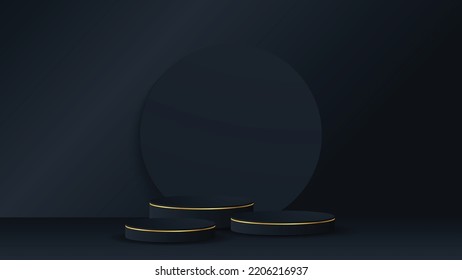 Black podium and modern gold border with a black circle element background. Abstract vector illustration showing a 3D shape for placing a product with copy space.