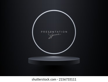 Black podium with neon circle for premium product presentation. Podium stage with neon light. Minimal scene with podium, Vector illustration.