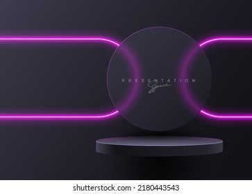 Podio negro con elementos de luz de neón. Espacio de presentación de productos de primera calidad. Estadio de podio con luz de neón. Escena mínima con podio, ilustración vectorial.