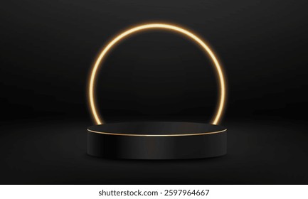 Black podium with neon panel for displaying your design , Vector graphics.