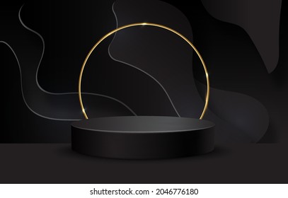 Black podium on black background. Realistic pedestal. Dark background.