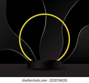 Schwarzes Podium auf schwarzem Hintergrund. Realistischer Podest. Dunkler Hintergrund. Vektorgrafik