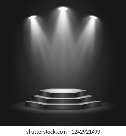 Black podium on dark background. Empty pedestal for award 
ceremony. Platform illuminated by spotlights. Vector illustration.