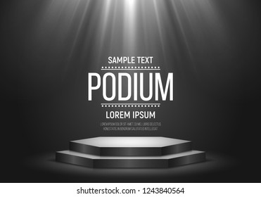 Black podium on dark background. Empty pedestal for award ceremony. Platform illuminated by spotlights. Vector illustration.