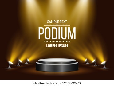 Black podium on dark background. Empty pedestal for award ceremony. Platform illuminated by spotlights. Vector illustration.