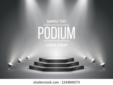 Black podium on dark background. Empty pedestal for award ceremony. Platform illuminated by spotlights. Vector illustration.