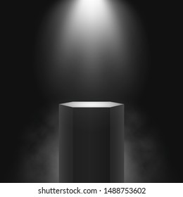 Black podium on a dark background with smoke. Empty pedestal for presentation. Platform illuminated by spotlights. Vector illustration.