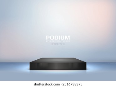 Pódio preto sobre fundo claro. Pedestal vazio para cerimônia de premiação ou apresentação do produto. Conceito de plataforma minimalista. Ilustração vetorial.