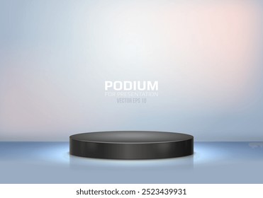 Podio negro sobre fondo claro. Pedestal vacío para la ceremonia de premiación o presentación del producto. Concepto de plataforma minimalista. Ilustración vectorial.