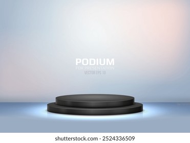 Black podium on light background. Empty pedestal for award ceremony or product presentation. Minimalist platform concept. Vector illustration.