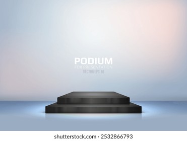 Podio negro sobre fondo claro. Pedestal vacío para la ceremonia de premiación o presentación del producto. Concepto de plataforma minimalista. Ilustración vectorial.