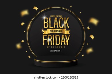 Black podium on luxury backdrop. Luxury black friday sale scene for product display presentation. Vector geometric rendering platform.