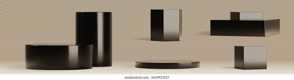 Pódio preto e conjunto de pedestal - cilindro, cubo e formas hexágono em fundo transparente. Estágio de museu vazio 3d realista, stand de exposição de produtos, pódio vencedor. Luxo vitrine maquetes plataforma.