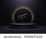 Black podium for premium product presentation. Podium stage with golden arch. Minimal scene with podium, Vector illustration.