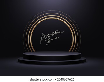 Black podium for premium product presentation. Podium stage with golden arch. Minimal scene with podium, Vector illustration.