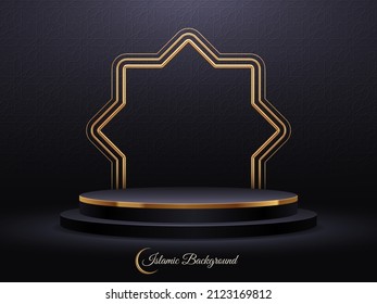 Black podium for premium product presentation. Podium stage with Arabic golden arch on a Islamic pattern background. Vector illustration.