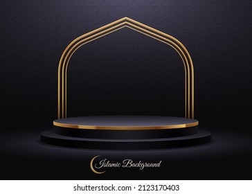 Black podium for premium product presentation. Podium stage with Arabic golden arch on a Islamic pattern background. Vector illustration.