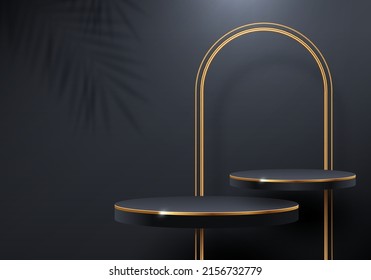 Black podium for premium product presentation. Podium stage with golden arch. Minimal scene with podium, Vector illustration.