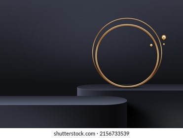 Black podium for premium product presentation. Podium stage with golden rings. Minimal scene with podium, Vector illustration.