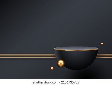 Black podium for premium product presentation. Podium stage with golden elements. Minimal scene with podium, Vector illustration.