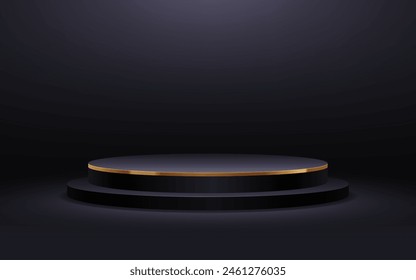 Black podium for premium product presentation. Podium stage with golden border. Minimal scene with podium, Vector illustration.