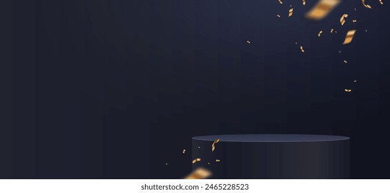 Black podium for premium product presentation. Podium stage with golden confetti. Minimal scene with podium, Vector illustration.