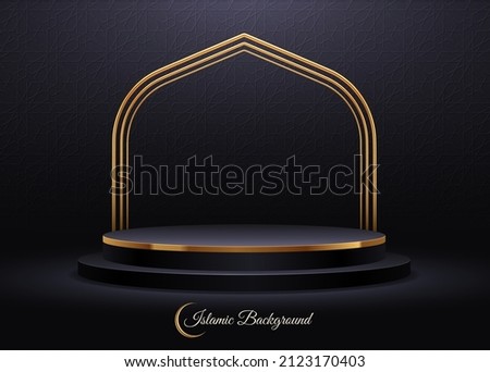 Black podium for premium product presentation. Podium stage with Arabic golden arch on a Islamic pattern background. Vector illustration.