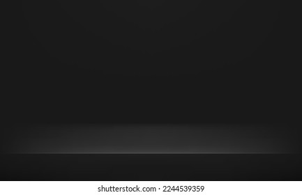 Black podium for presentations. Realistic black studio. Space for displaying products. Room in the 3d. Vector illustration.