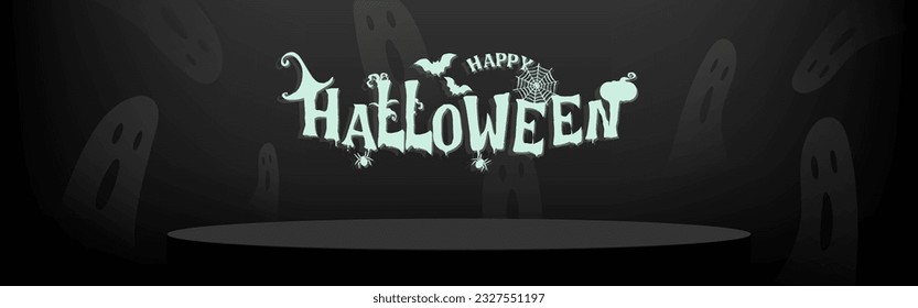 Black podium for product display with Halloween text banner on black background. Vector illustration.