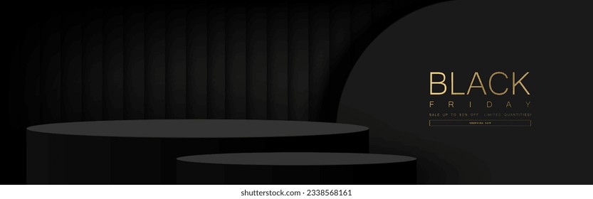 Black podium for product display on modern wall black background. Pedestal for Advertising, Product Show, Award. Minimal style. Vector illustration. 