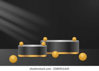 black podium for product presentation with gold bubble or ball accessories on black background