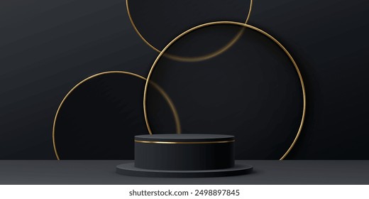 Black podium product stage with golden frames. Realistic 3d vector platform or showcase on dark charcoal wall background for displaying night cosmetic products, presentation or exhibition or awards