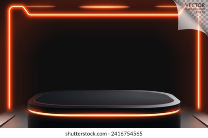 Black podium with red neon light background illustration of empty screen