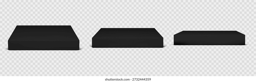 Black podium set with square 3d platform for product display on transparent background. Cube pedestal stand with marble texture and dramatic floor. Vector isolated mockup for premium showcase design.