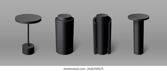 Black podium set - tall round cylindrical pedestals of different shapes. Simple geometric stages with smooth matte surfaces for product display or exhibition design. Minimalist monochrome style.
