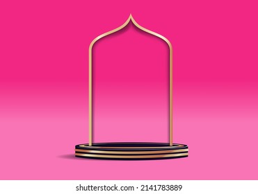 Black Podium stage with Arabic golden arch on a Islamic pattern background. Vector illustration