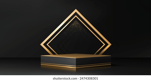 Escenario de podio negro con marco dorado y destellos. Realista maqueta de Vector 3D de plataforma cuadrada para la presentación de productos en estudio. Fondo con soporte rectangular, diseño de escena geométrica de lujo