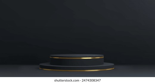 Black podium stage. Realistic 3d vector round pedestal mockup with golden decor. Elegant background with cylindrical platform for promoting women beauty and cosmetic products, presentations and promo