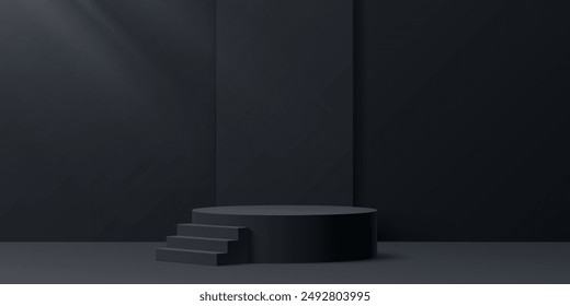 Escenario de podio negro con escaleras a pedestal para la exhibición del producto, fondo de Vector. Premium escenario de podio negro de lujo con escaleras o escalones de escalera para pilar de plataforma redonda para maqueta de sala de exposición