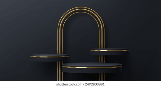 Schwarze Podestbühnen mit goldenem Bogen und Rahmen. Vektorgrafik 3D-Produktanzeigeplattform, Prämiensockel und Präsentationsszene auf Goldbogenständer. Luxuriöse runde schwarze Podium Mockups für Studio oder Showroom