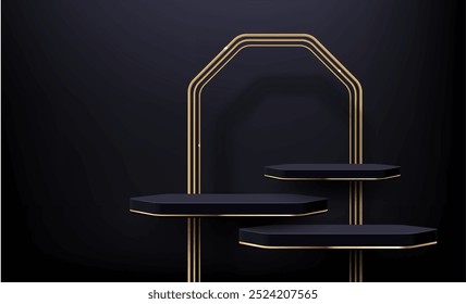 Palcos de pódio preto com arco dourado e bordas para exibição de produtos, vitrine vetorial. Premium níveis de palco de pódio de luxo de plataformas de veludo preto com moldura brilhante de brilho de metal e arco