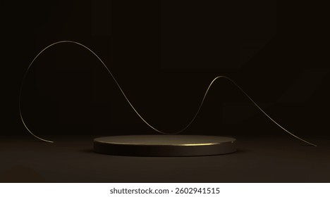 Black podium with swirling gold line. Minimalist goods display stand with elegant curved decor for premium product presentation. Simple empty geometric platform template in luxurious aesthetic.