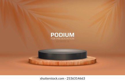 Black podium with wooden plate on light background. Empty pedestal for product presentation. Minimalist platform concept with wooden texture. Vector illustration.