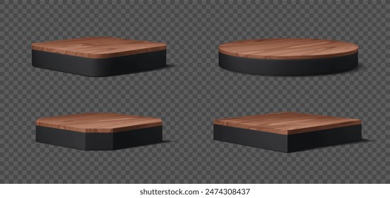 Podio negro con tarima de plataforma de madera. Conjunto de Vector de elegantes escenas con tapas de madera pulida en Formas geométricas. Pedestales para exhibición, exhibición del producto y mejorar la visibilidad, y presentación