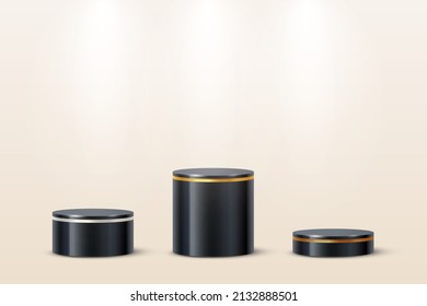 Black podiums for presentation of product vector illustration. 3d platforms for winners with round gold, silver and bronze ring frame on border, cylinder base stage with shadow on beige background