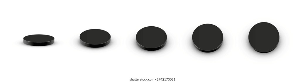 Black podiums. Product display platforms with soft gradient surface and smooth cylindrical shape in different angles view. Minimalist modern vector illustration.